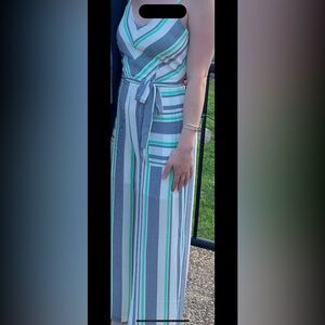 Green and Blue Striped Women's Jumpsuit